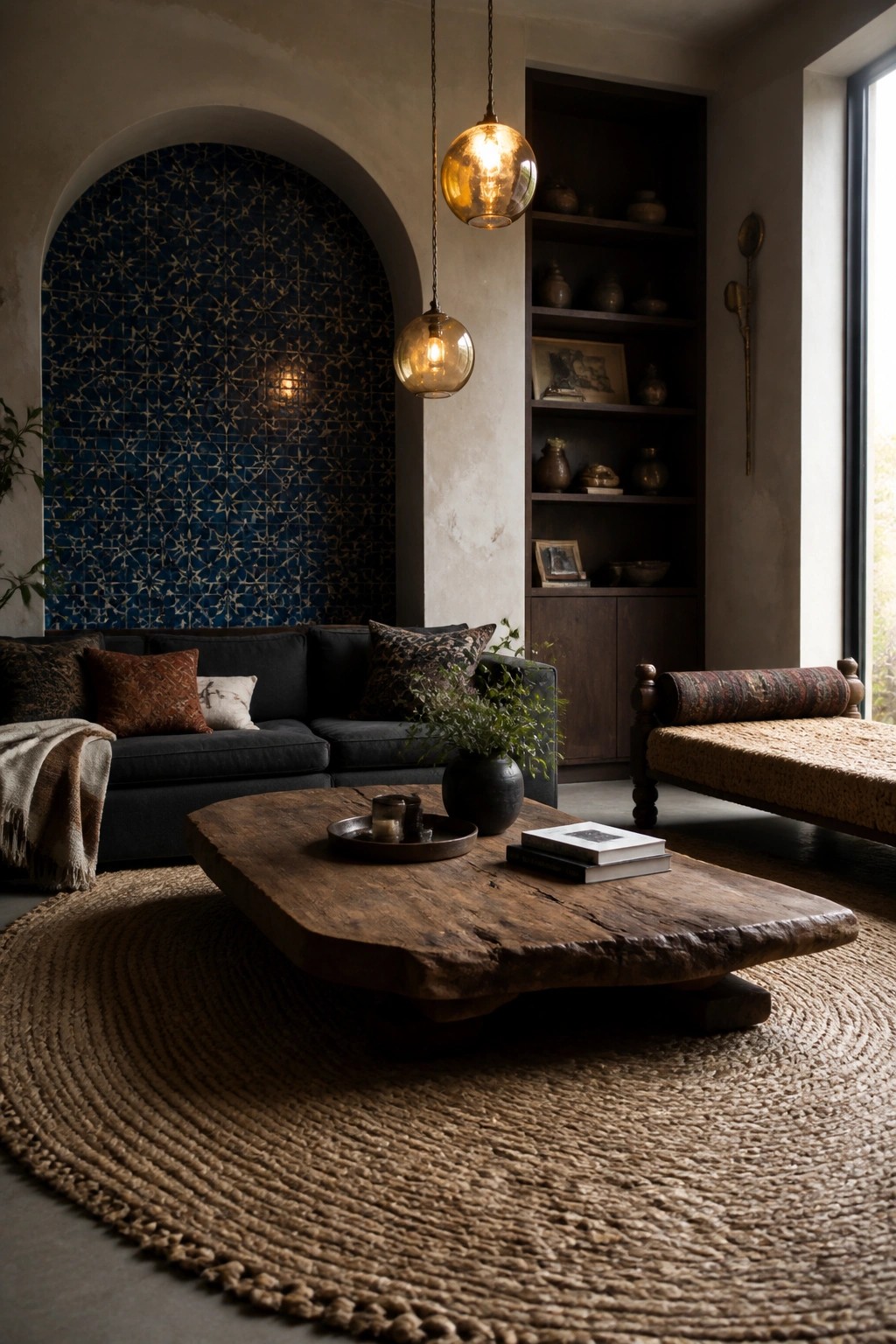 A living room featuring a dark sofa positioned in front of a large arched niche covered in blue star-patterned tiles, with a rustic wooden coffee table on a round jute rug and two glass pendant lights hanging above.