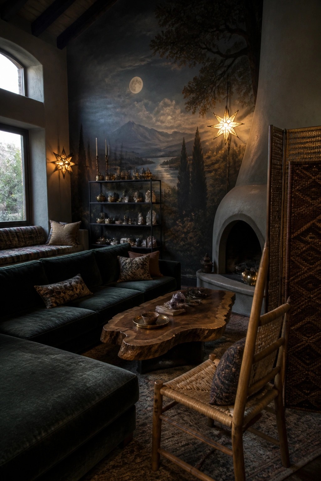 A living room with a large celestial mural of a moon over mountains and trees on the back wall, a dark green sofa, wooden coffee table, fireplace, and star lanterns.