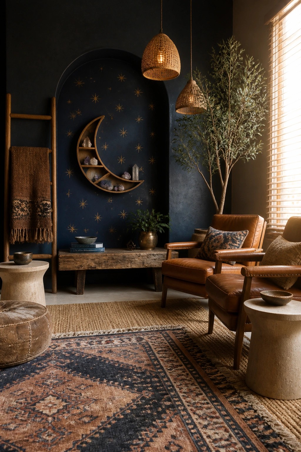 A living room interior with a dark blue wall featuring a crescent moon shelf holding crystals, gold star patterns, two woven pendant lights, brown leather chairs, and a large patterned rug.