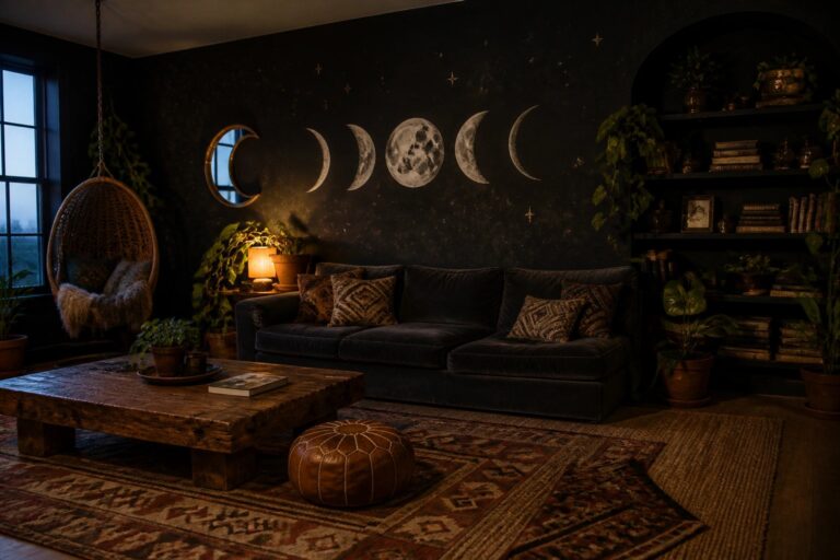 A living room with a dark accent wall painted with moon phase illustrations above a dark sofa and wooden coffee table.