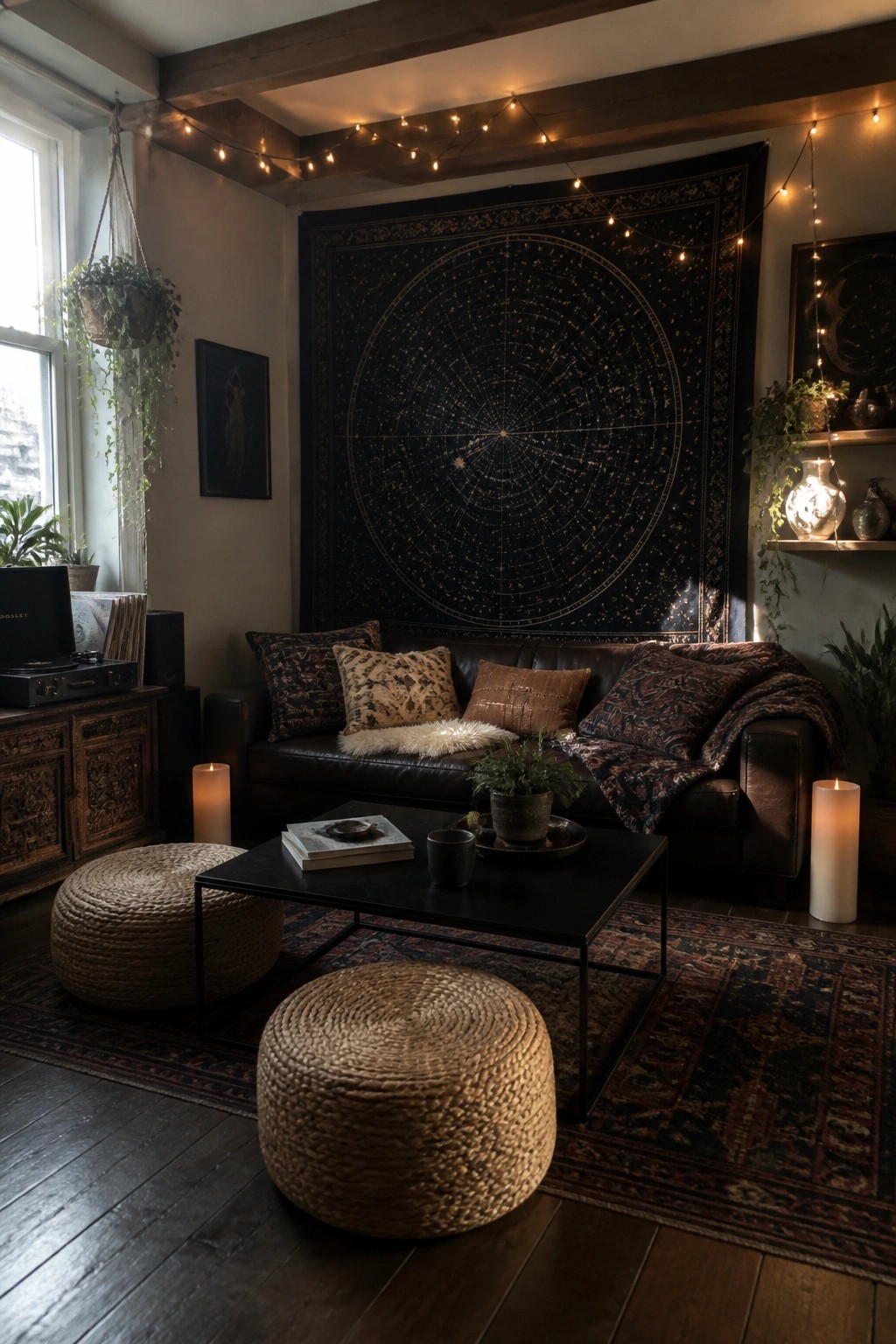 A living room featuring a large black celestial tapestry on the wall above a dark leather sofa, with a black coffee table, woven ottomans, string lights, and houseplants.
