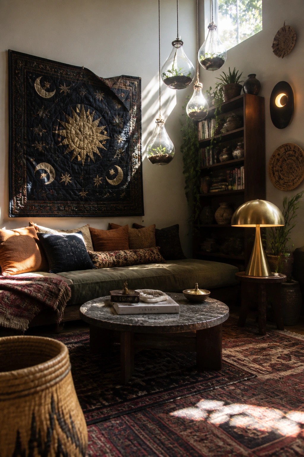 A living room featuring a large dark celestial tapestry above a green sofa, with hanging glass terrariums and a round marble coffee table on patterned rugs.