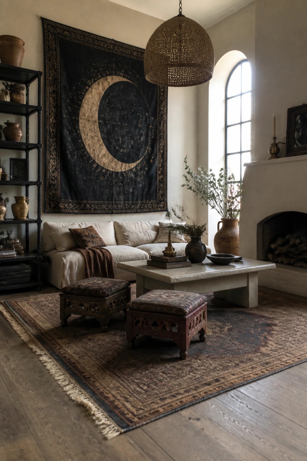 Rustic living room with large crescent moon tapestry, white sofa, stone table, and patterned rug.