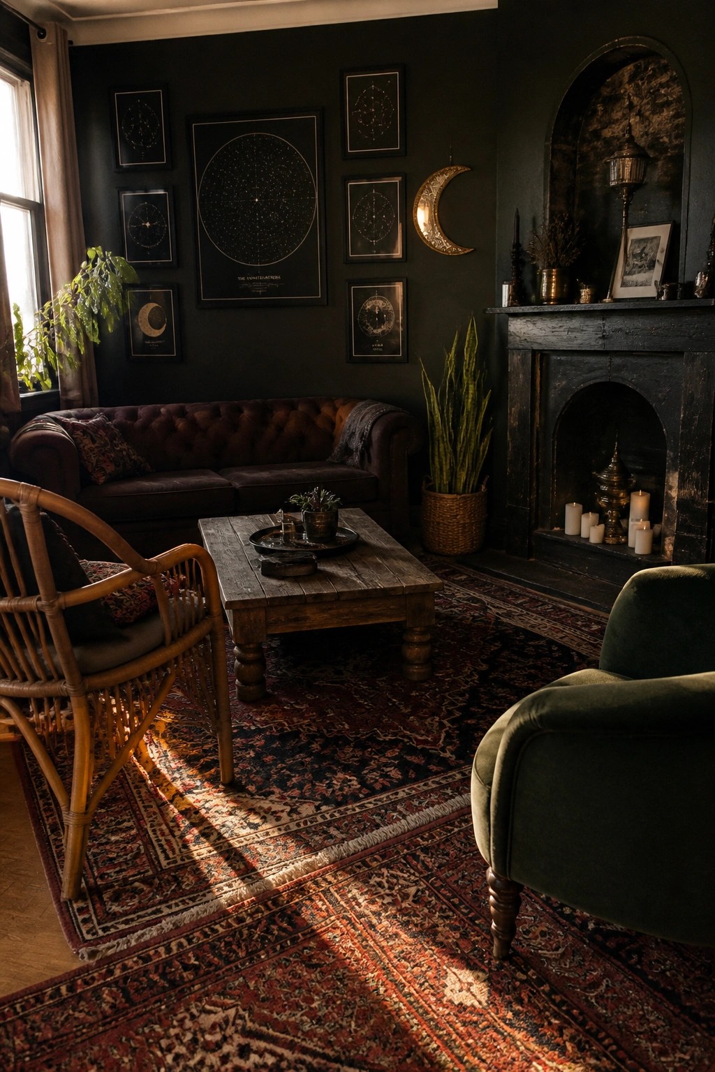 A dark green living room features a gallery wall of framed celestial prints above a brown tufted sofa, with a wooden coffee table on a red patterned rug and a black fireplace mantel on the right.