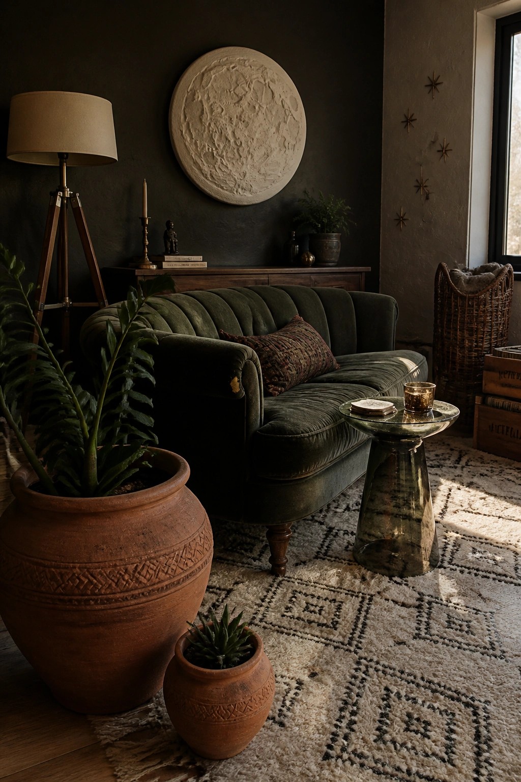 Dark green velvet sofa in moody room with moon art, plants, and patterned rug