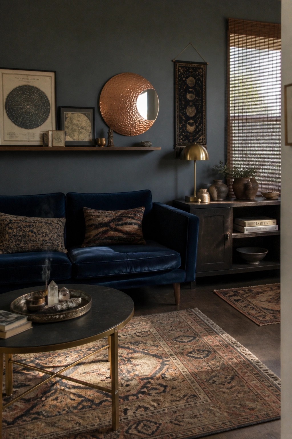 A dark blue living room featuring a velvet sofa, a round hammered copper mirror, framed constellation prints, and a vertical moon phases tapestry on the wall.