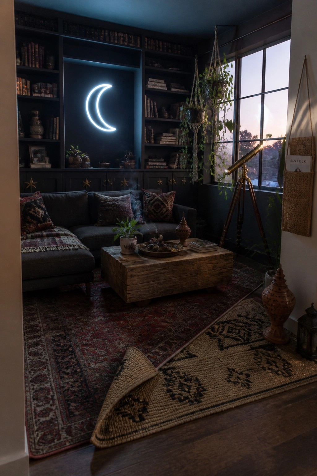A dark living room with built-in bookshelves featuring a glowing white crescent moon neon light above a gray sectional sofa and wooden coffee table.