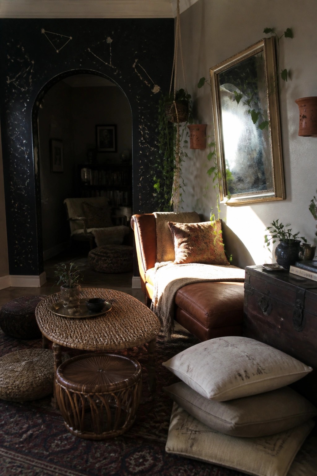 Sunlit bohemian room with leather chaise, wicker tables, hanging plants, and constellation wall.