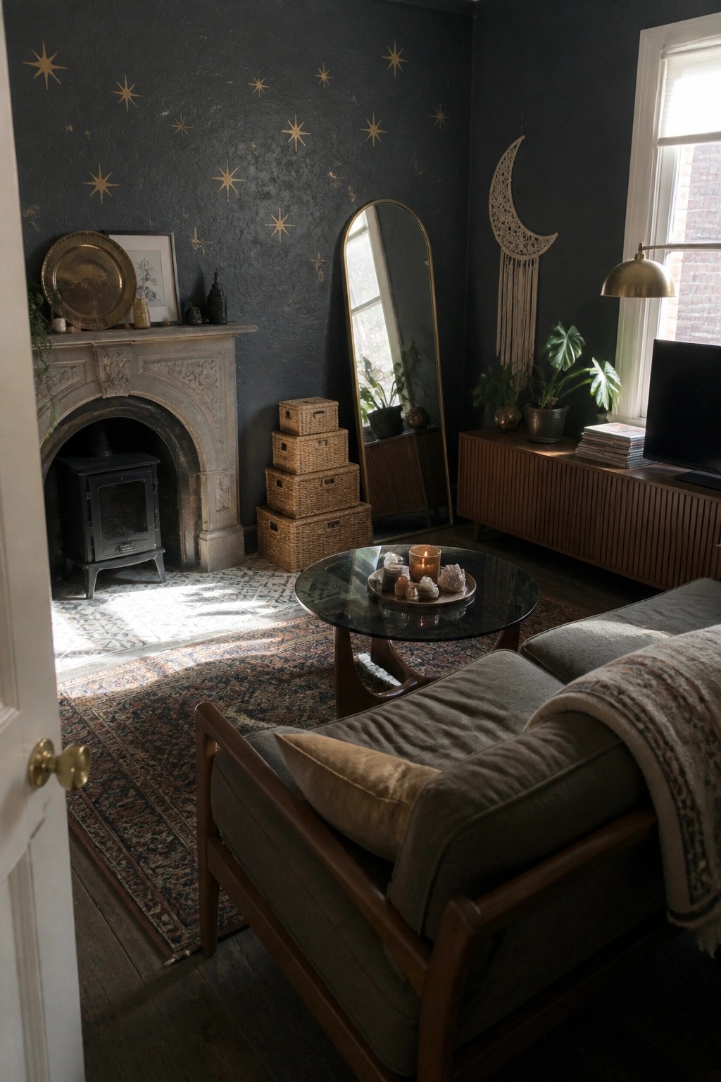 A living room with dark blue walls covered in gold painted stars, a stone fireplace, an arched mirror, a round coffee table, and a gray sofa.