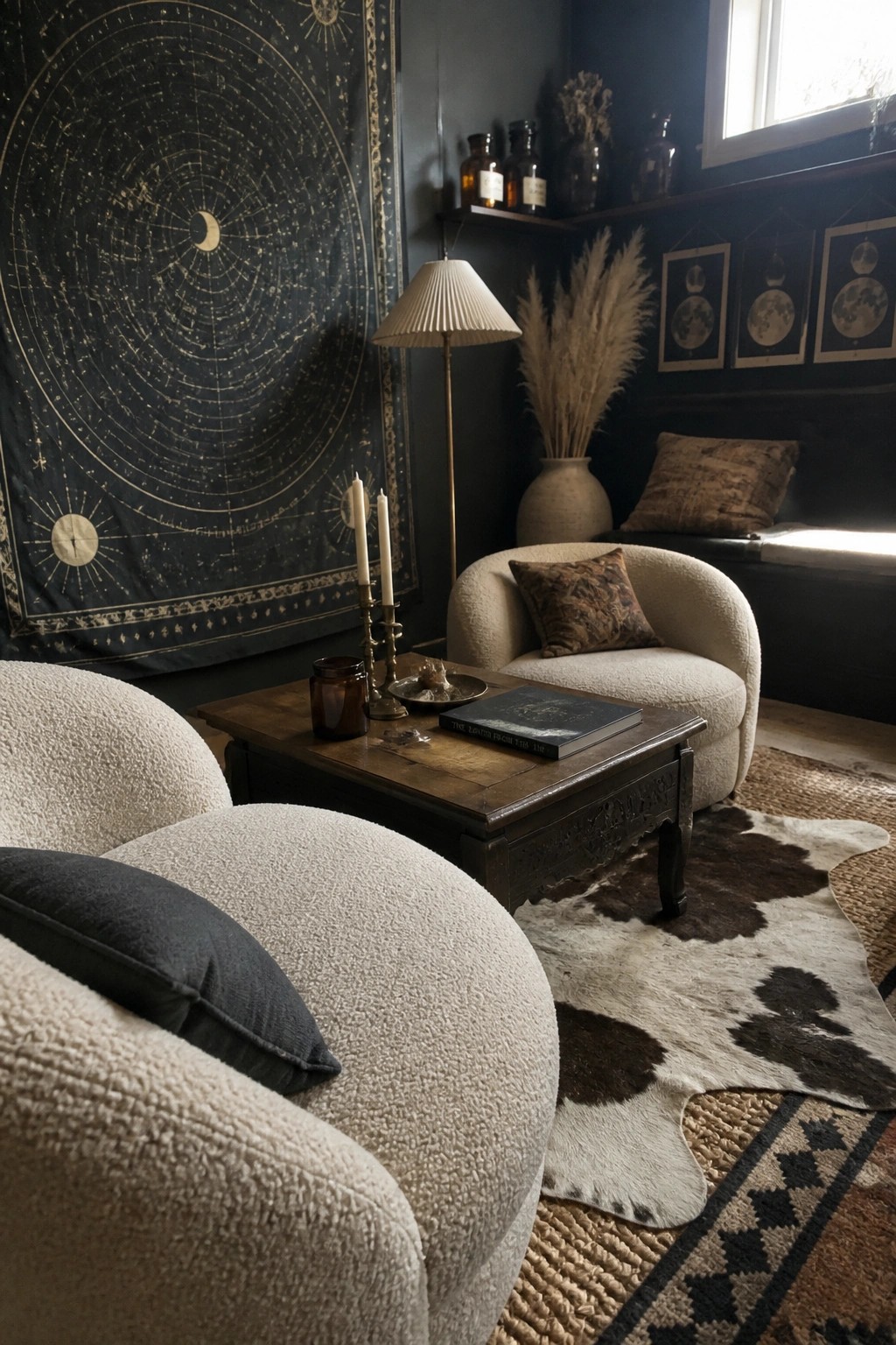 A dark living room featuring a large circular celestial tapestry on the wall above a wooden coffee table and two off-white bouclé chairs.