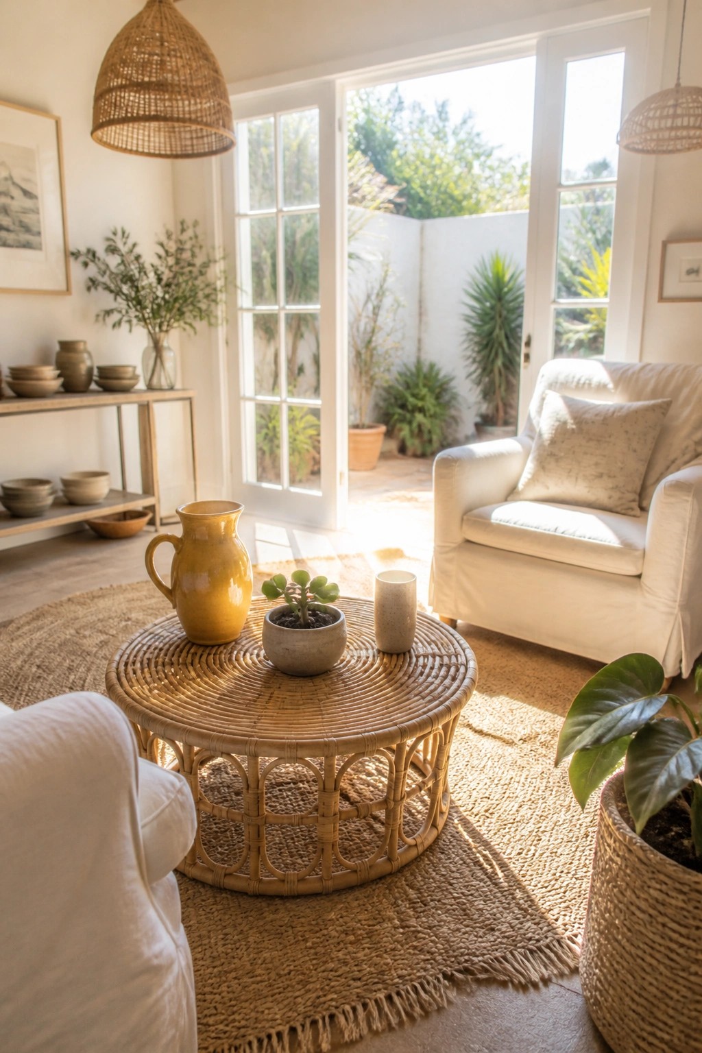 A round rattan coffee table in a bright living room holds a yellow ceramic pitcher, a small potted plant, and a stoneware cup, with white armchairs and a jute rug visible around it.