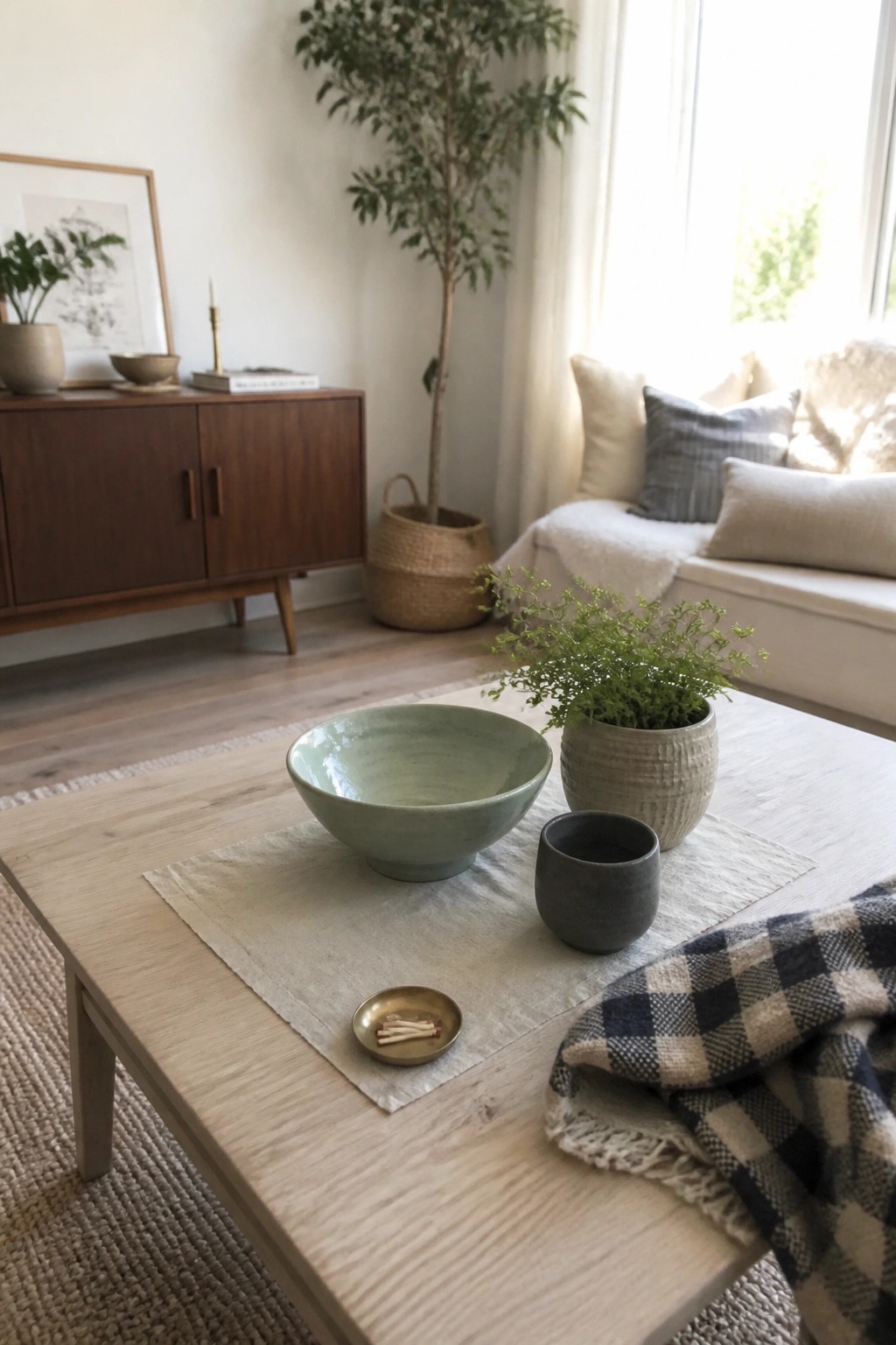 Sunlit living room with wooden coffee table, green bowl, potted plant, and plaid blanket.