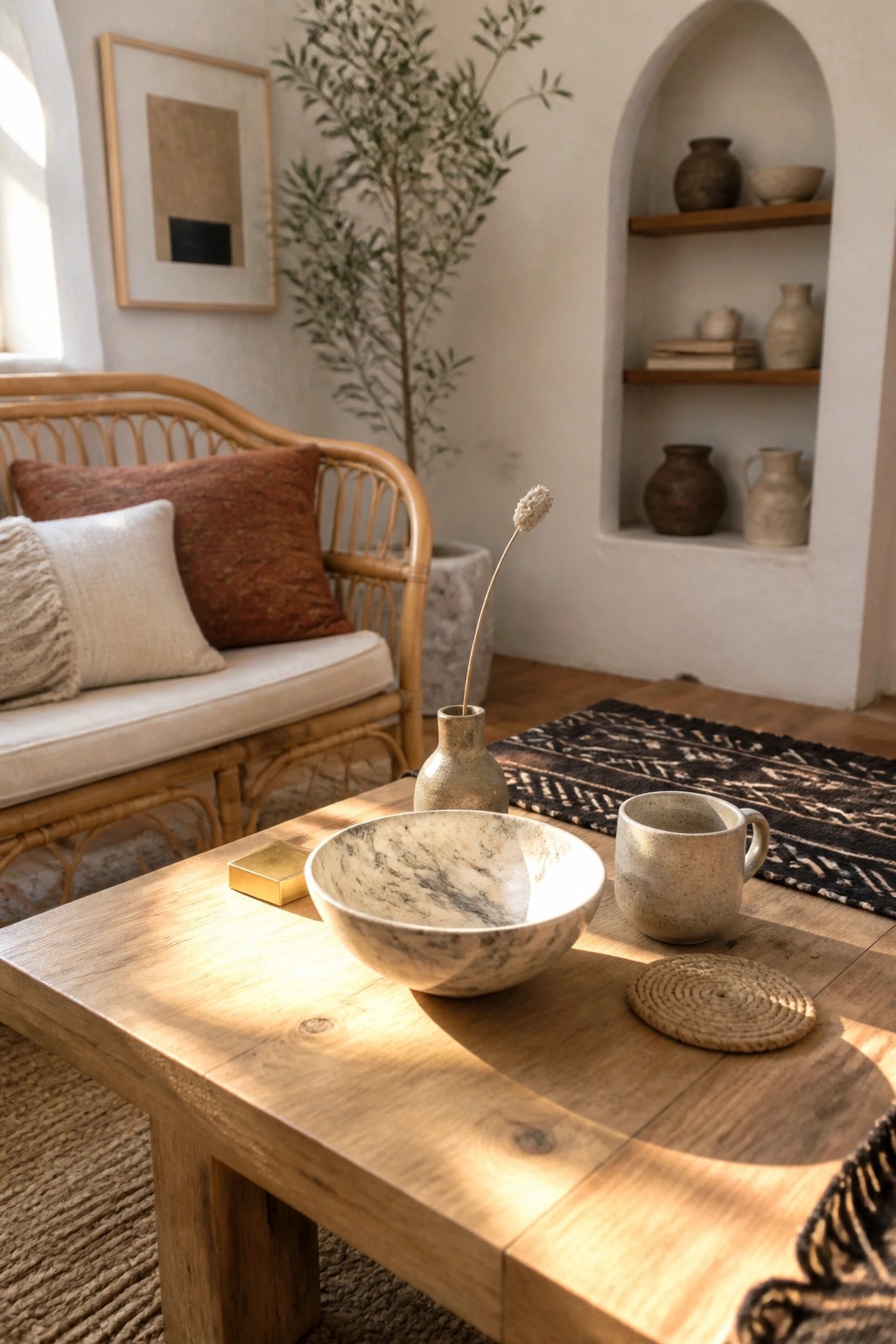 A wooden coffee table holds a marble bowl, a ceramic mug on a woven coaster, and a small vase with a dried flower, set in front of a rattan sofa.