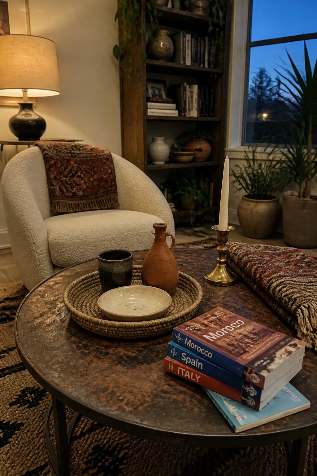 A round coffee table holds a woven tray with several handmade ceramic vessels, stacked travel books, and a brass candlestick, set in front of a white armchair and wooden bookshelf.