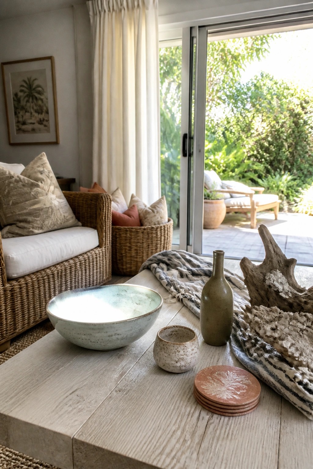 A light wood coffee table displays a large ceramic bowl, a small vase, a tiny cup, and stacked coasters, with a wicker sofa and open doors to an outdoor area visible behind it.