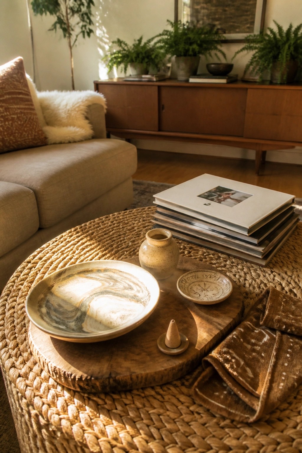 A woven coffee table holds a round wood tray with a large marbled ceramic bowl, a small speckled vase, a patterned dish, and an incense holder, with books and fabric nearby.