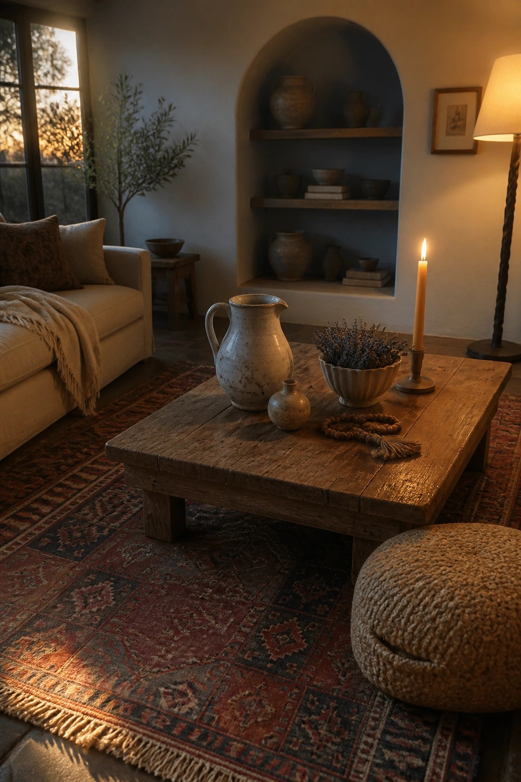 A rustic wooden coffee table holds several handmade ceramic pieces including a pitcher, small vase, and a fluted bowl with dried lavender, set on a patterned rug in a softly lit living room.