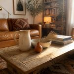A rustic wooden coffee table displays a large ceramic pitcher, a shallow bowl with dried palm leaves, a small ribbed vase, and stacked books on a patterned rug in a living room.