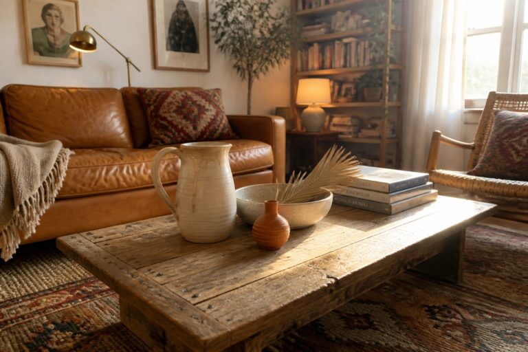 A rustic wooden coffee table displays a large ceramic pitcher, a shallow bowl with dried palm leaves, a small ribbed vase, and stacked books on a patterned rug in a living room.