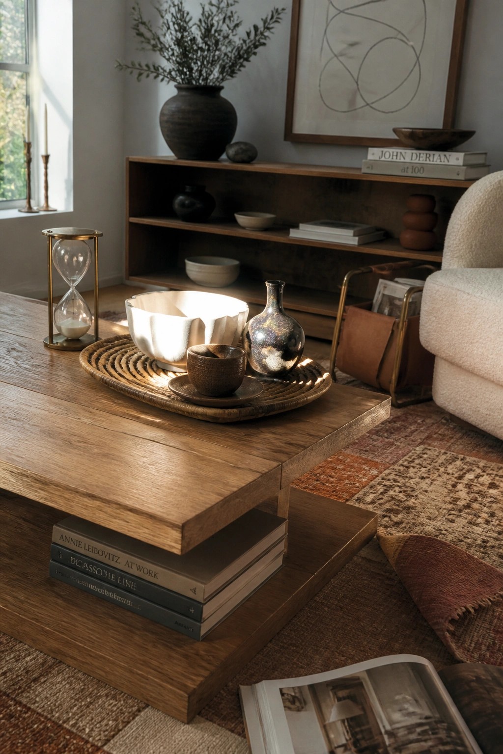 Wooden coffee table with hourglass, woven tray, bowls, vase, and stacked books in sunlit room