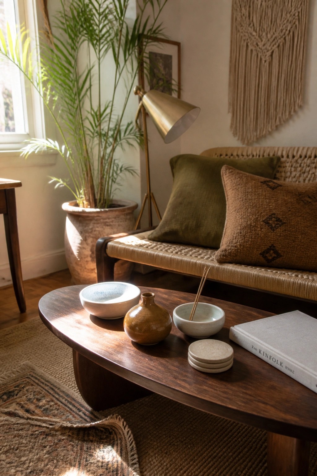 A low wooden coffee table holds several handmade ceramic bowls, a small brown vase, stacked coasters, and a book in front of a woven sofa.