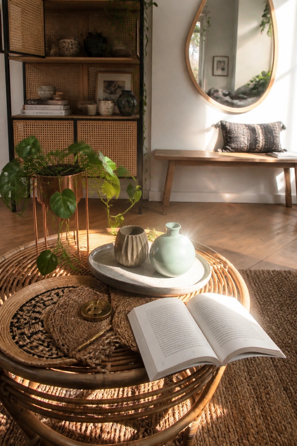 A round rattan coffee table displays an open book on a woven mat, a small brass dish, and a speckled tray holding two ceramic vases beside a potted plant in a copper stand.