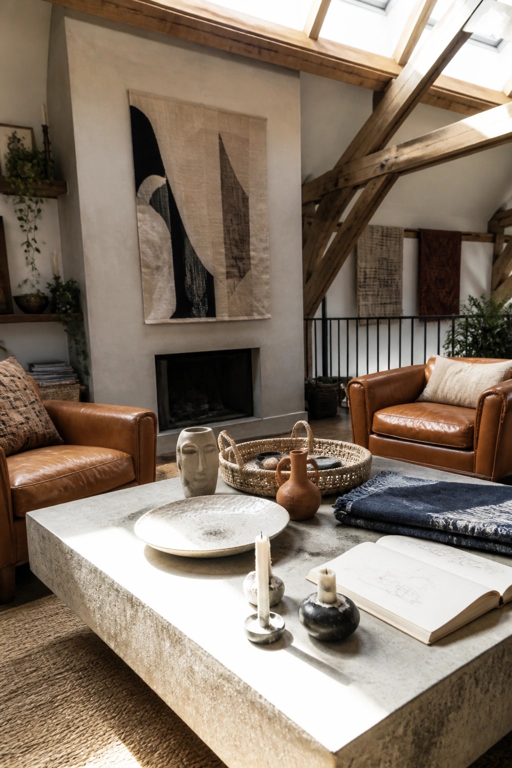 Cozy living room with brown leather chairs, concrete table, fireplace, and abstract wall art