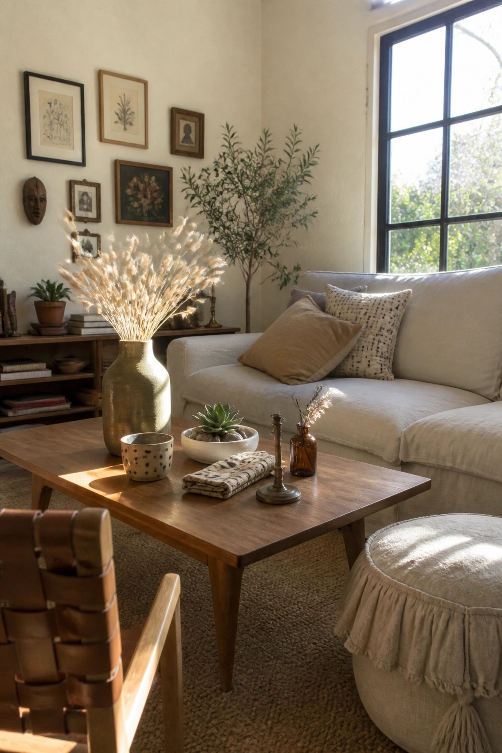 A wooden coffee table in a living room holds a large green ceramic vase with dried grasses, a speckled bowl, and a white bowl containing a succulent.