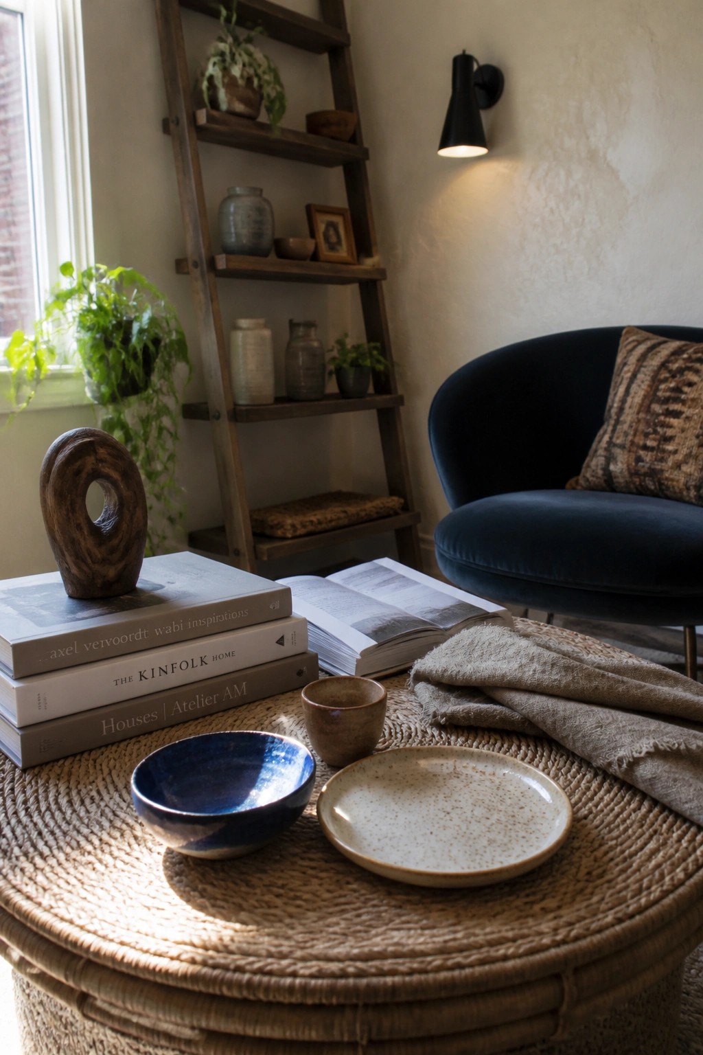 A round woven coffee table displays handmade ceramic bowls, a plate, and a small cup next to stacked books in a room with a blue chair and wooden ladder shelf.