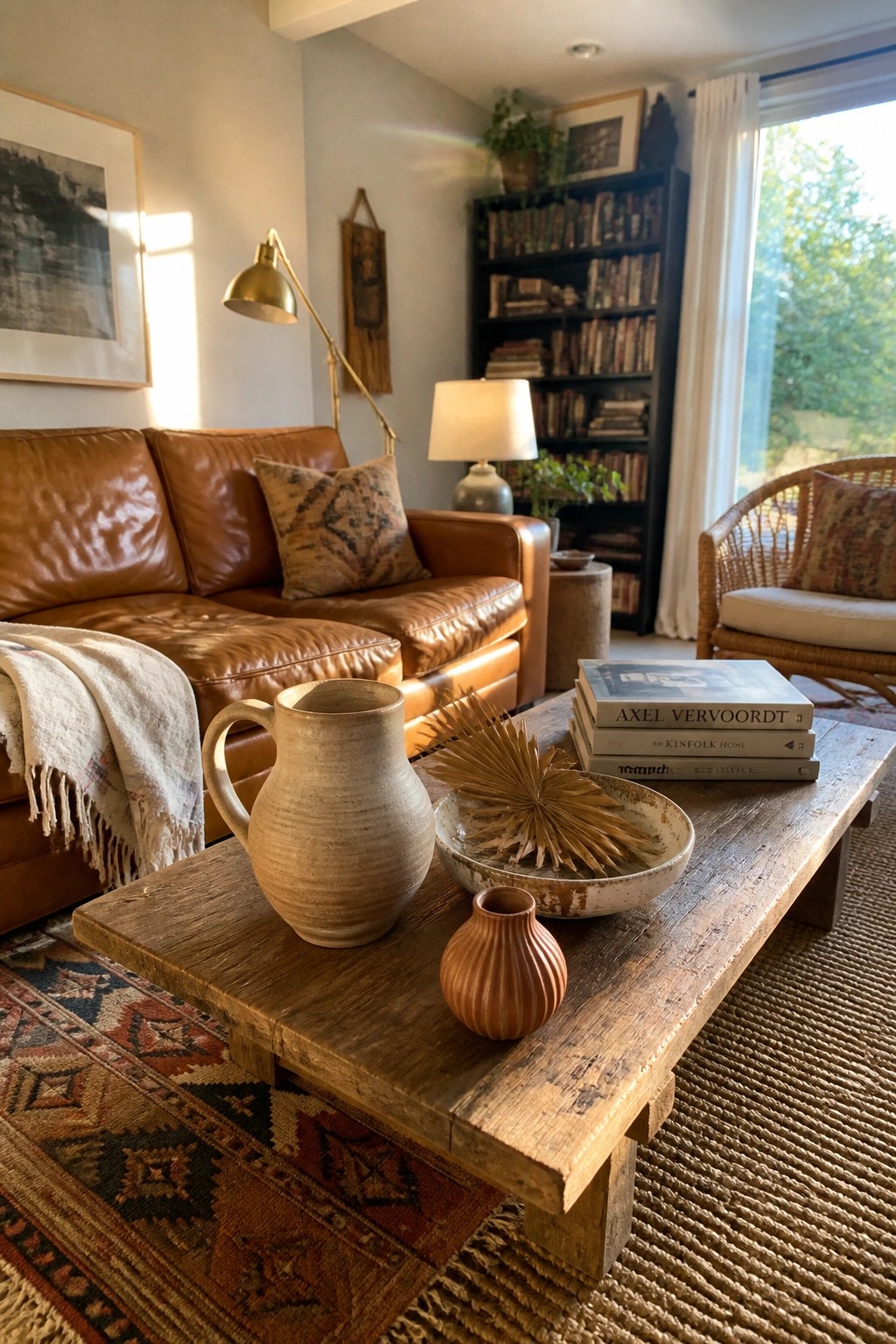 A rustic wooden coffee table displays a large ceramic pitcher, a shallow bowl with dried palm leaves, a small ribbed vase, and stacked books on a patterned rug in a living room.