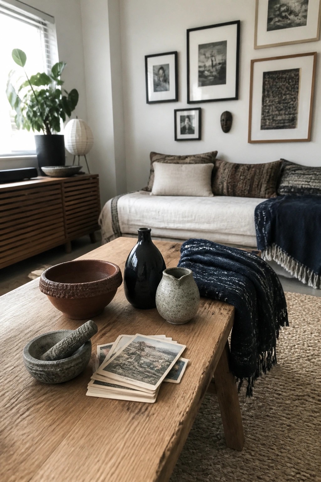 A low wooden coffee table displays several handmade ceramic bowls, vases, and a stone mortar and pestle along with stacked postcards in a living room with a daybed and wall art.