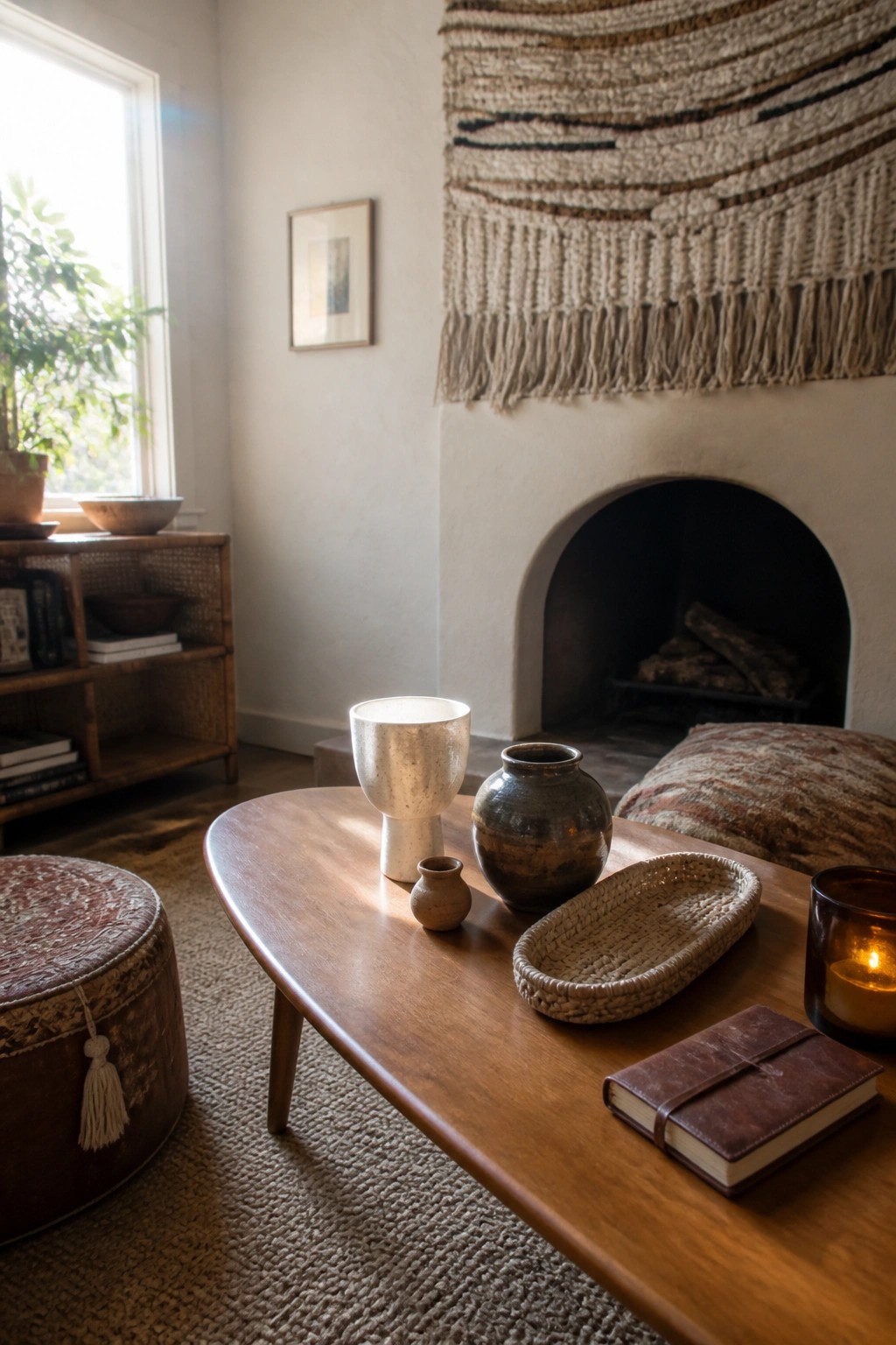 A low wooden coffee table displays several handmade ceramic vases and a small woven tray in a room with a white plaster fireplace and woven wall hanging.