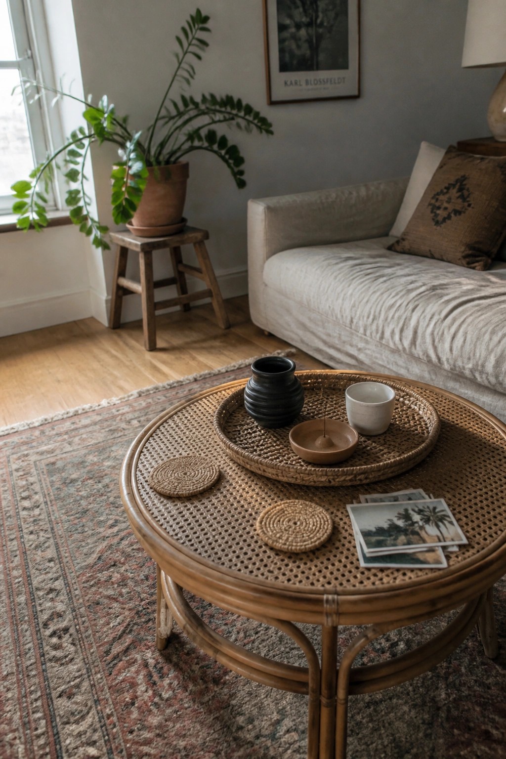 Round rattan coffee table with woven tray, black vase and coasters on patterned rug