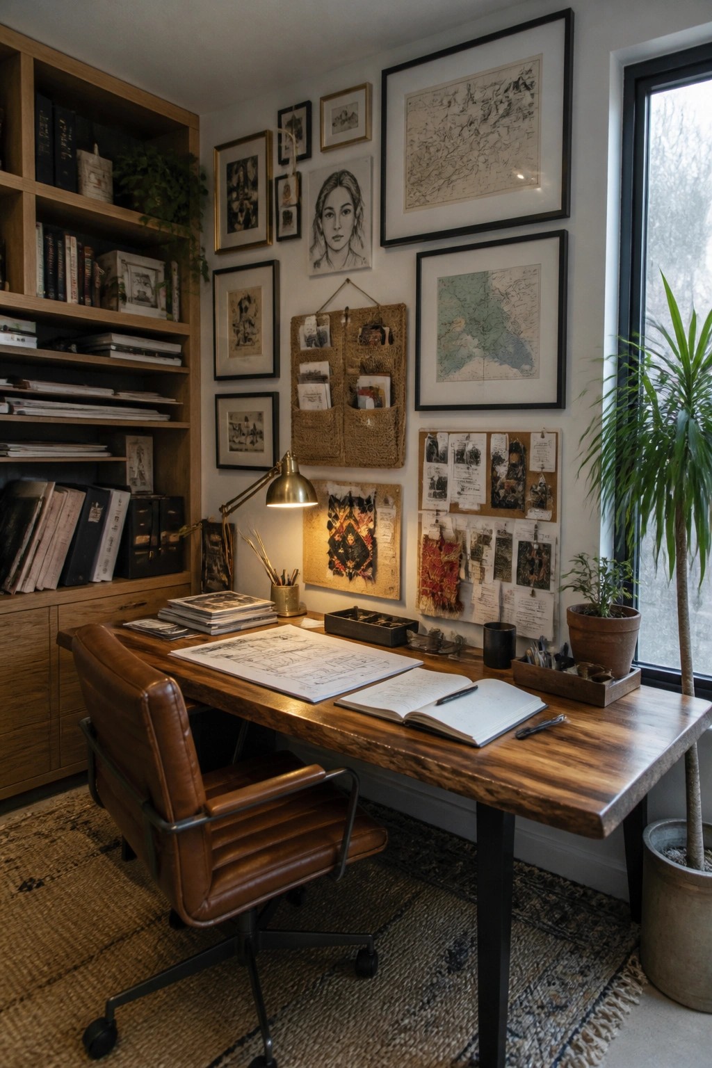 A wooden desk with a brown leather chair sits in front of a white wall displaying multiple framed artworks, maps, a burlap wall organizer, and a corkboard section.