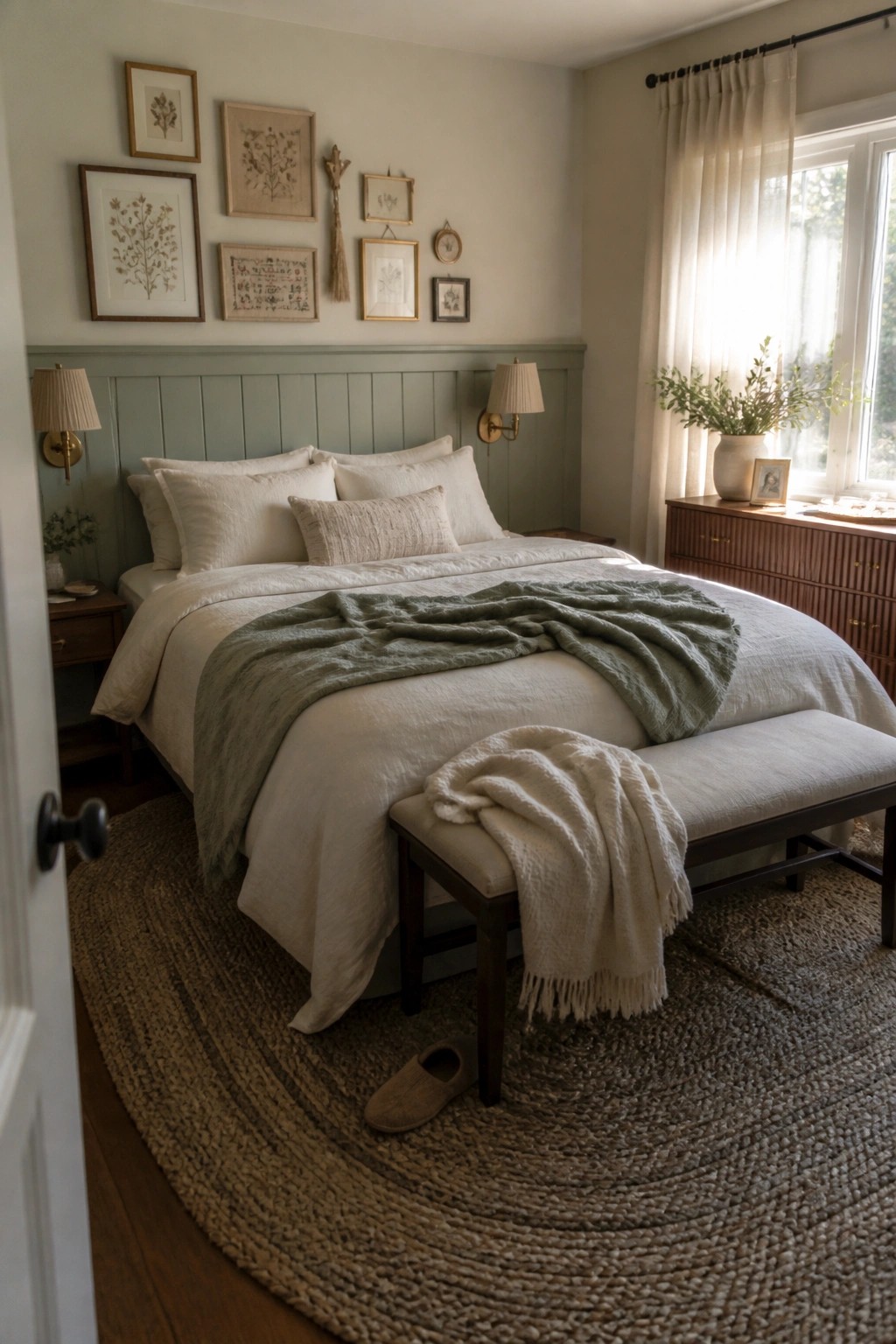 A bedroom featuring a gallery wall of framed botanical prints arranged above a bed with white linens and a green throw.