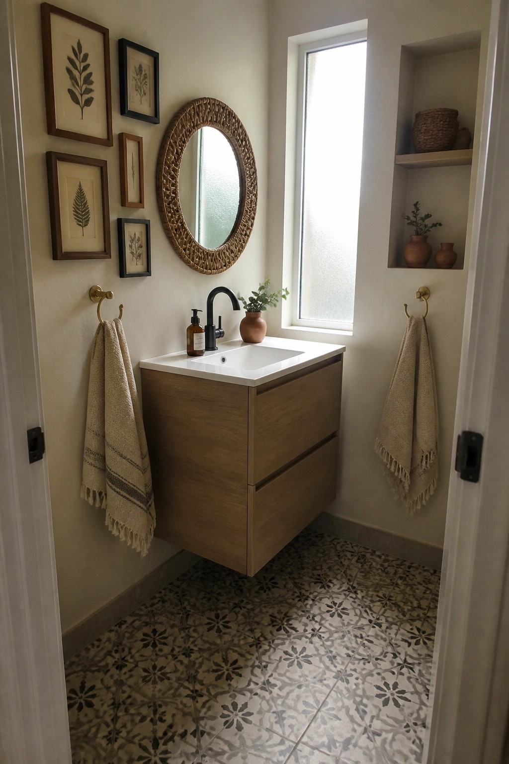 A bathroom with a floating wood vanity, white sink, black faucet, round woven mirror, and a gallery wall of framed botanical prints arranged to the left of the mirror.