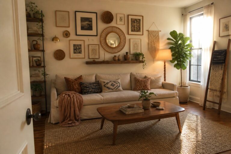 Cozy living room with white sofa, jute rug, wooden coffee table, and gallery wall