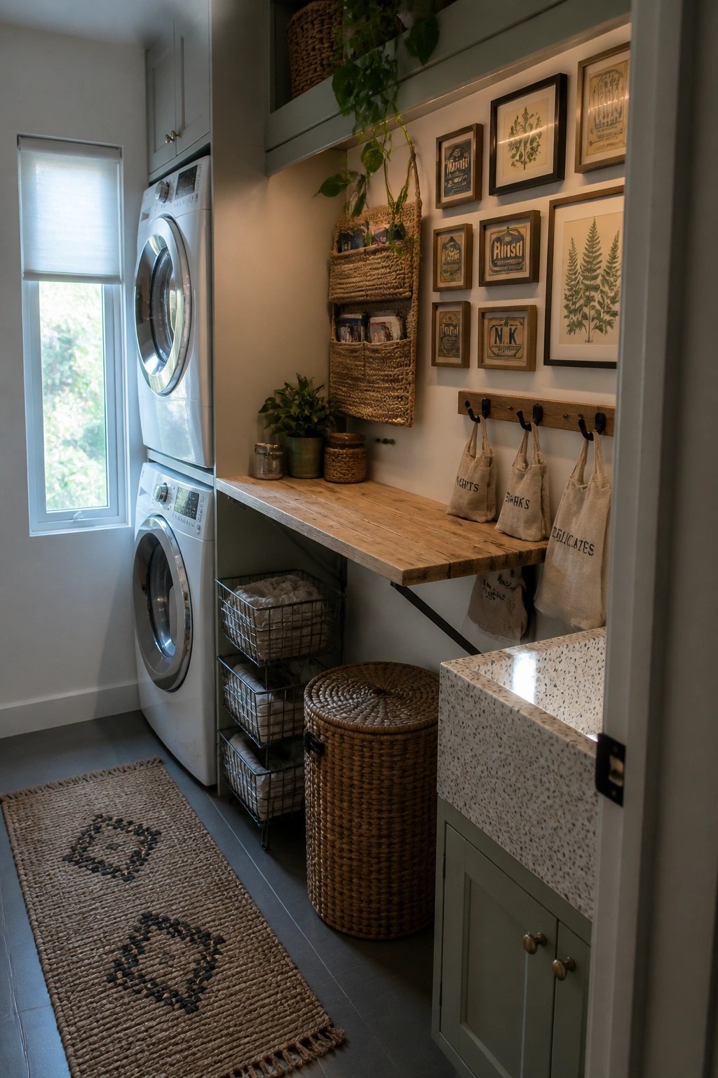 Laundry room interior with stacked white washers, a wooden wall-mounted counter, woven baskets below, and a gallery wall of framed prints above the counter next to a speckled sink.