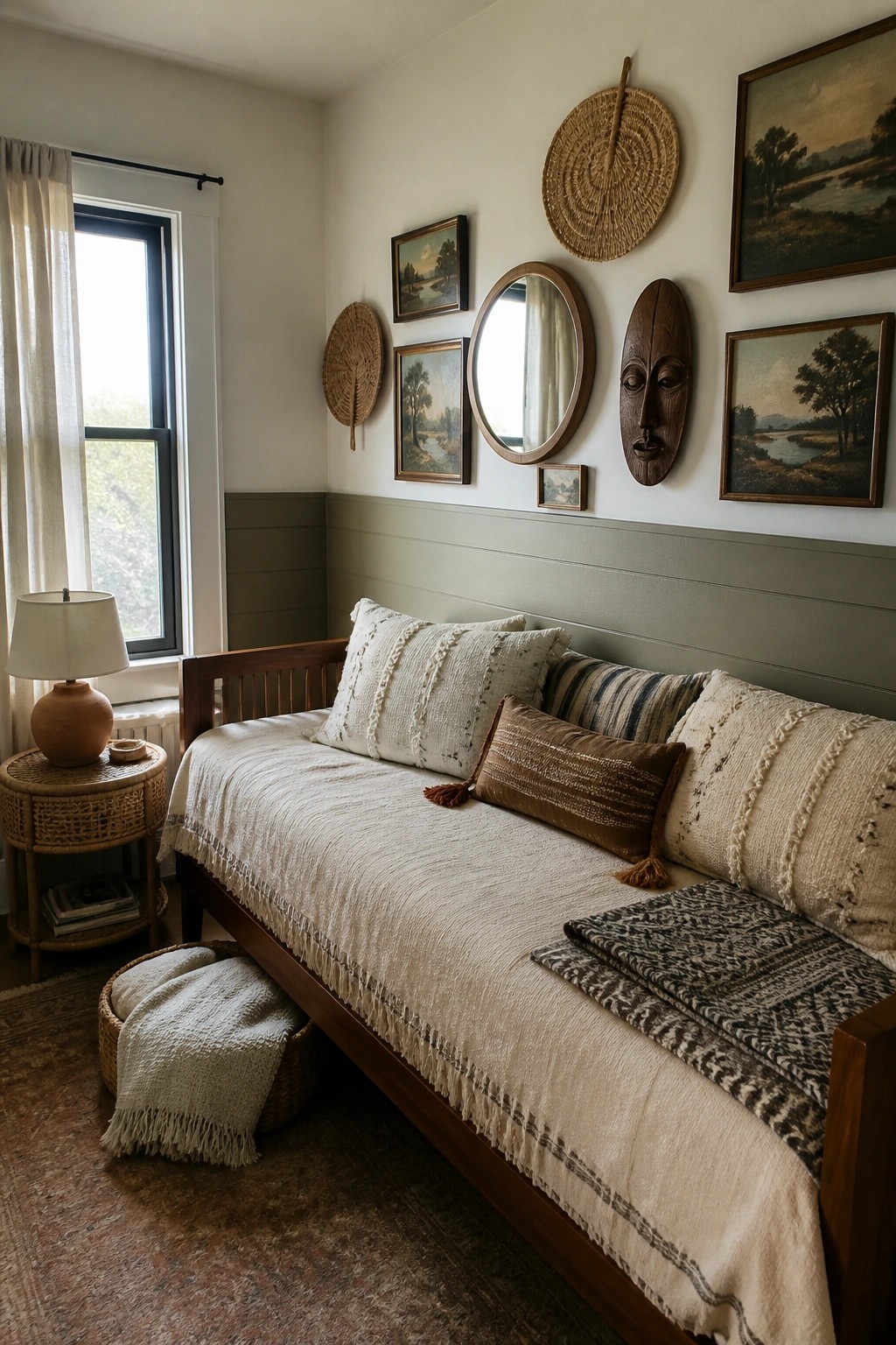A gallery wall above a wooden daybed displays framed landscape paintings, a round mirror, woven circular hangings, and a carved wooden mask against a sage green wall.