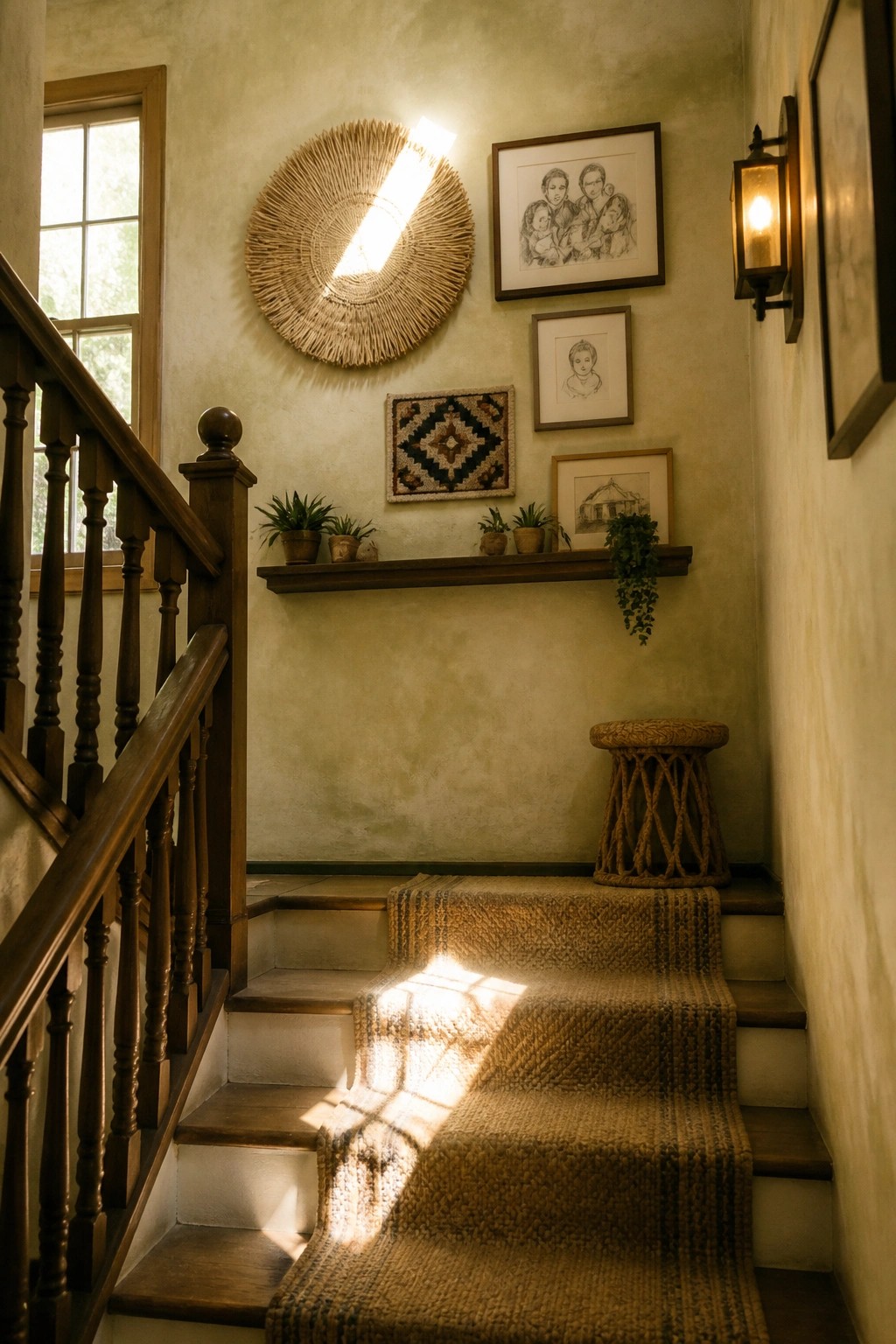 A wooden staircase with a woven runner ascends past a textured wall featuring a large circular woven hanging, several framed sketches, a patterned textile, and a wooden shelf holding small potted plants.