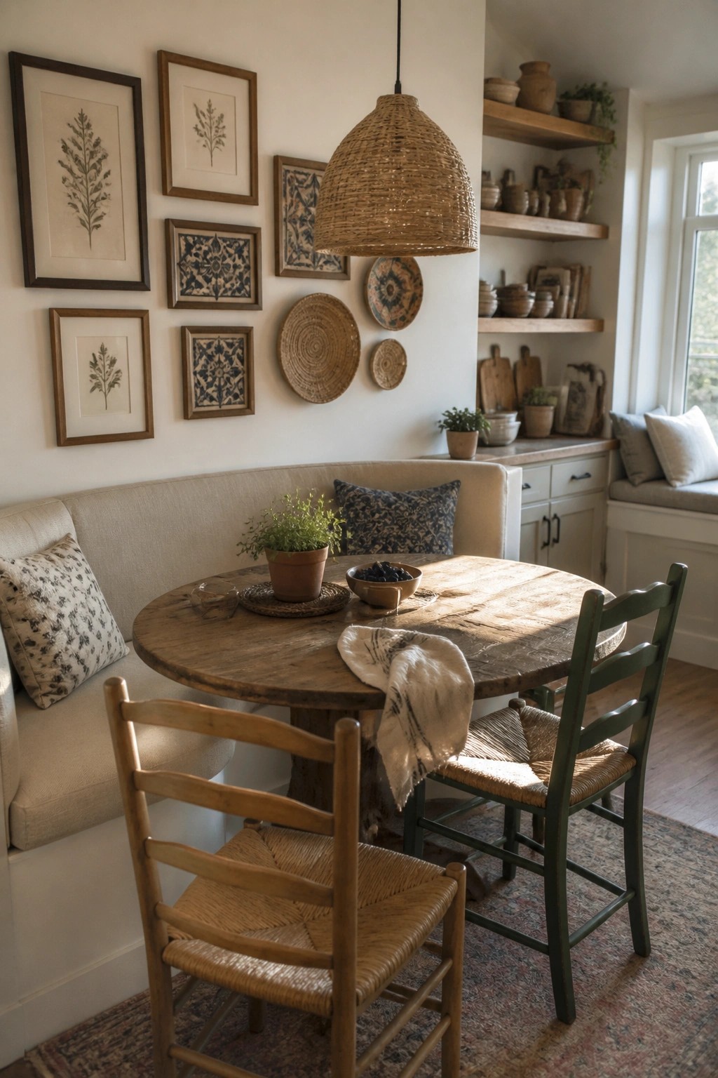 Rustic dining nook with round wooden table, woven chairs, gallery wall, and pendant light