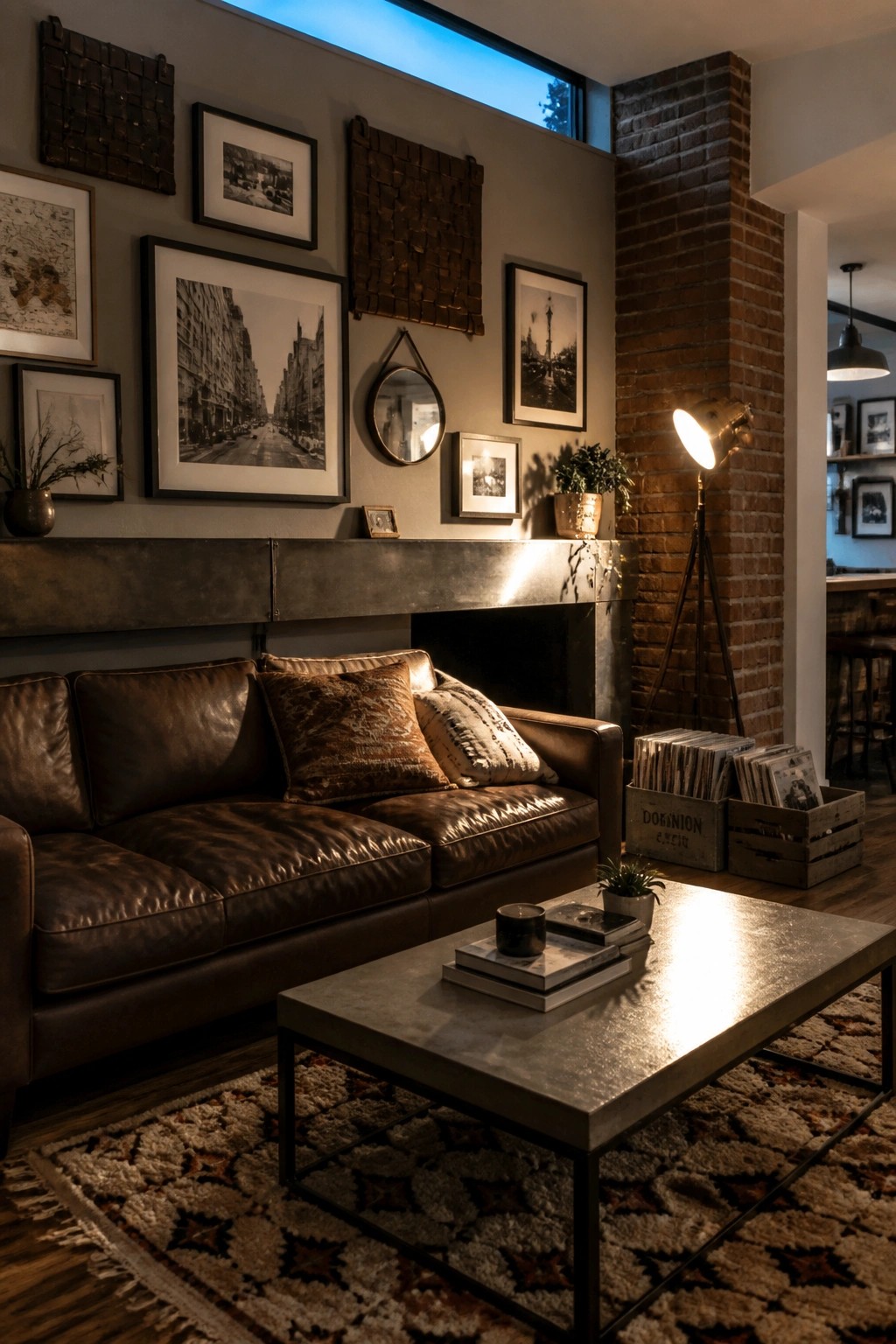 A living room gallery wall with framed black and white photos, woven wall hangings, and a round mirror arranged above a concrete mantel.