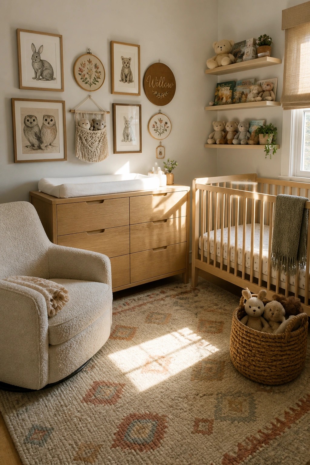 Cozy nursery with wooden crib, dresser, armchair, patterned rug, and animal wall art.