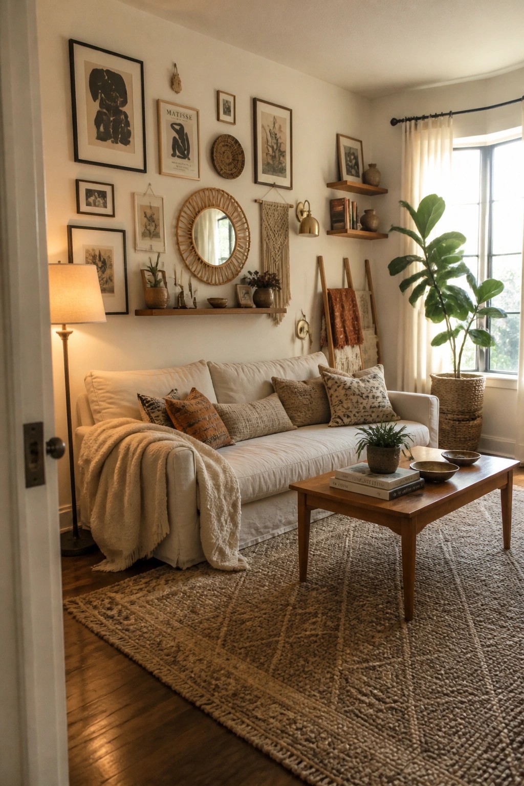 Cozy living room with white sofa, jute rug, wooden coffee table, and gallery wall