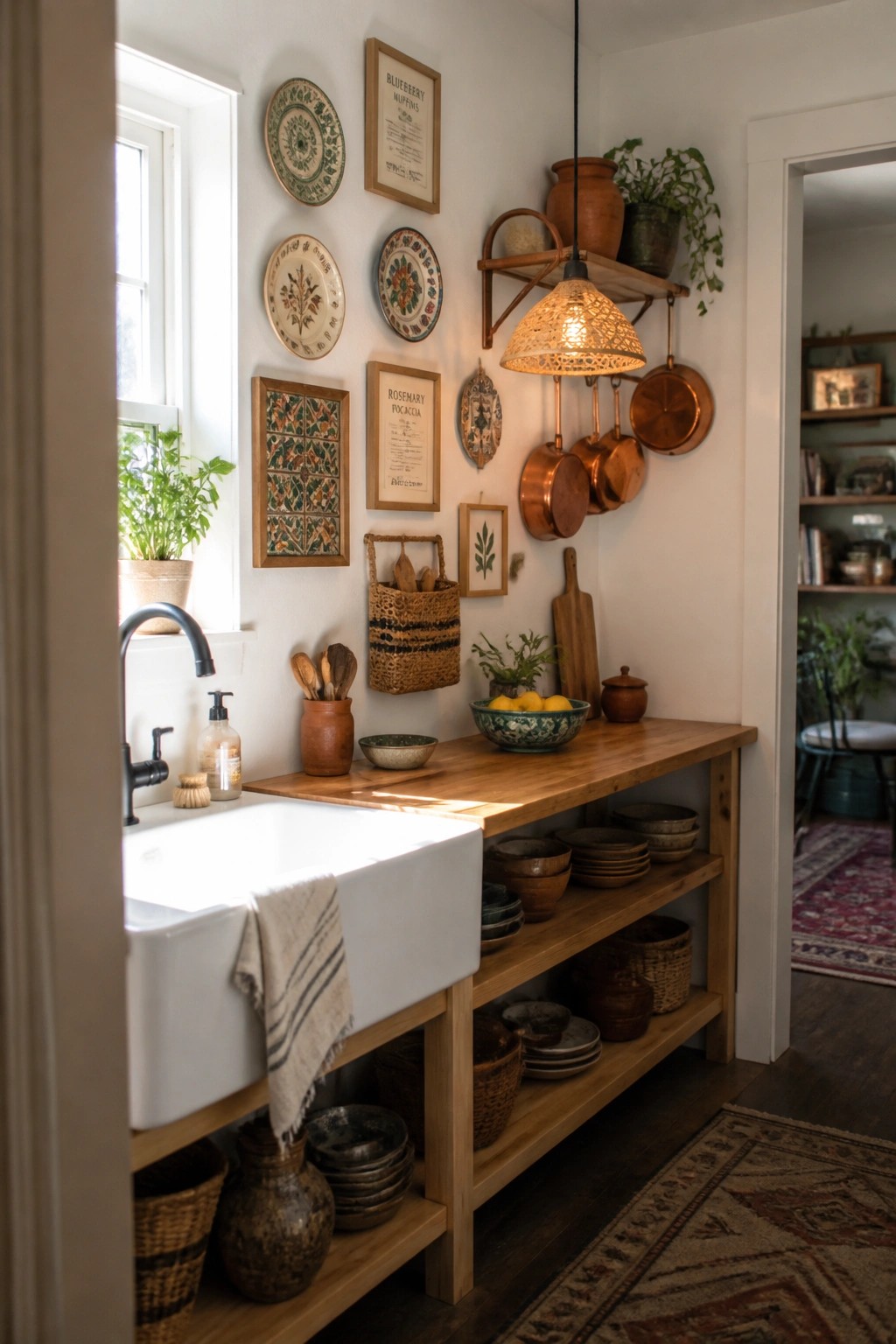 A kitchen area with a white farmhouse sink, wooden counter, and wall displaying decorative plates, framed prints, and hanging copper pots.