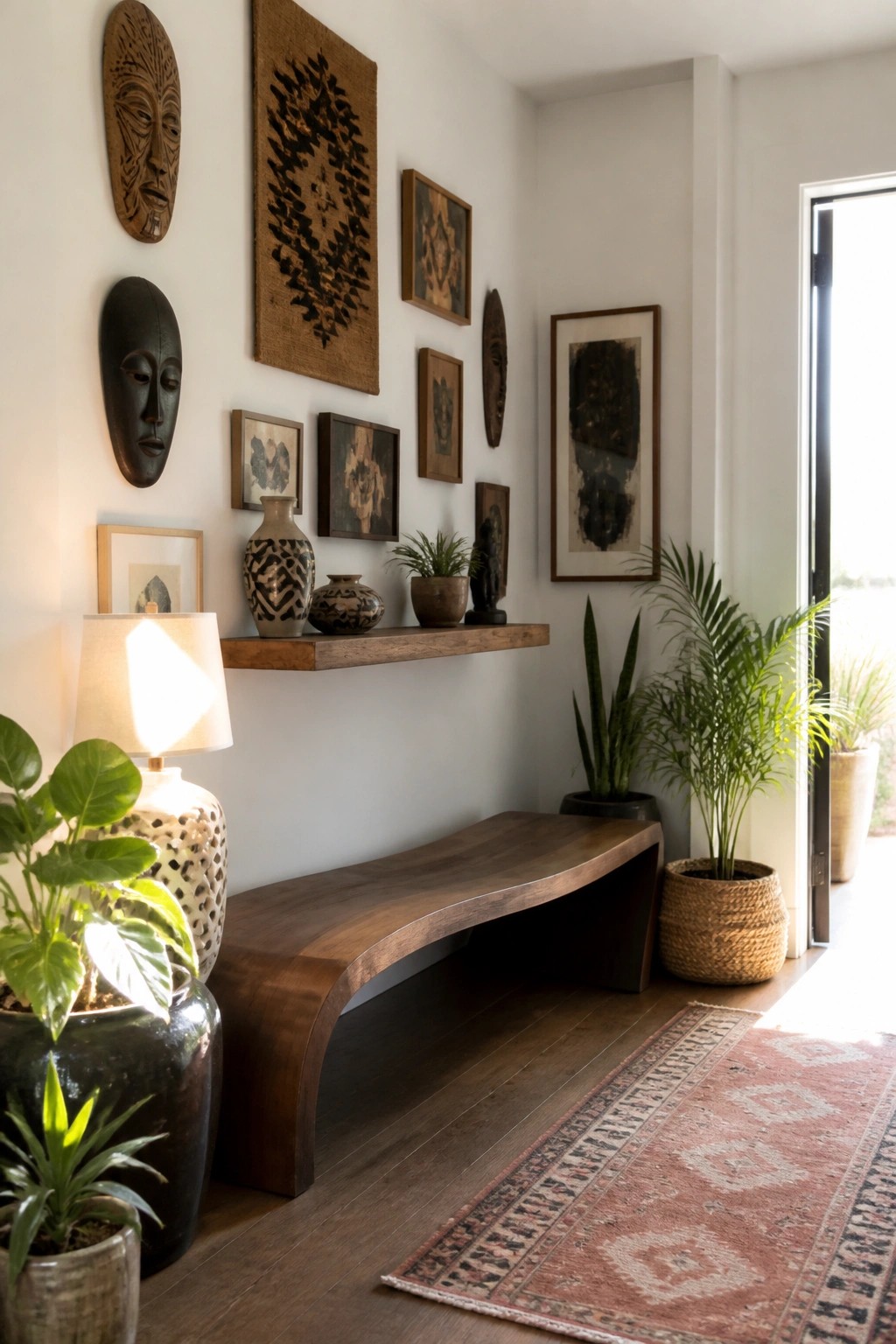 An interior wall shows a collection of wooden masks, framed prints, and textiles arranged above a wooden floating shelf with a curved bench below.