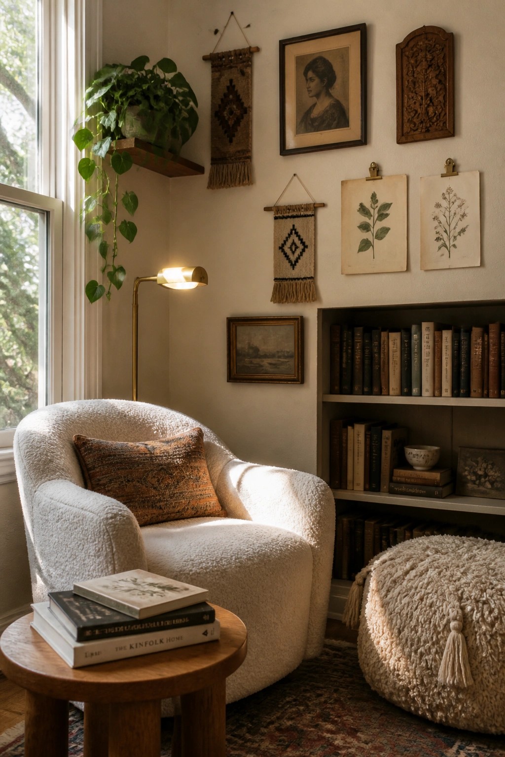A cozy interior corner with a white bouclé armchair, wooden side table holding stacked books, a brass floor lamp, and a gallery wall above a built-in bookshelf displaying framed art, woven wall hangings, and botanical prints.