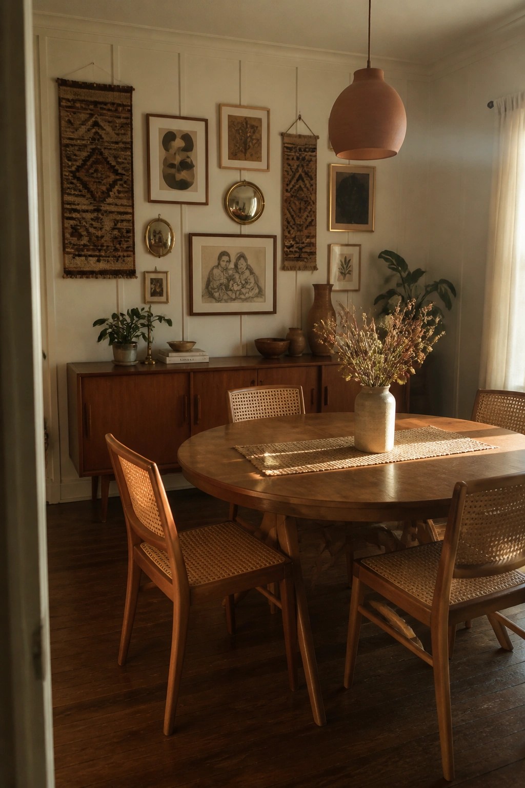 A round wooden dining table with cane chairs sits under a gallery wall of framed prints, woven textiles, and small mirrors above a wooden sideboard in a sunlit room.