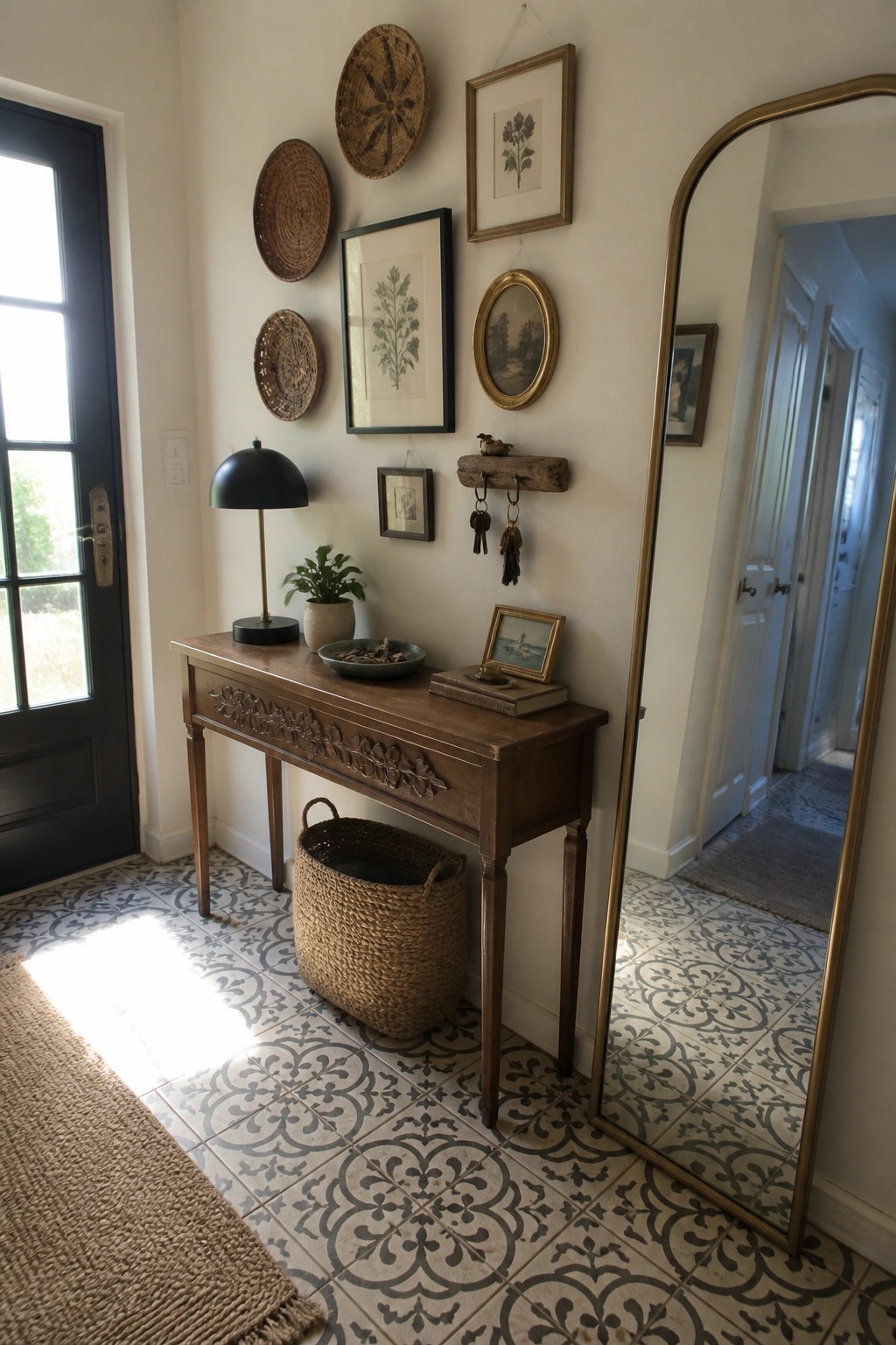 A wooden console table below a gallery wall with woven baskets and framed artwork in a tiled entryway.