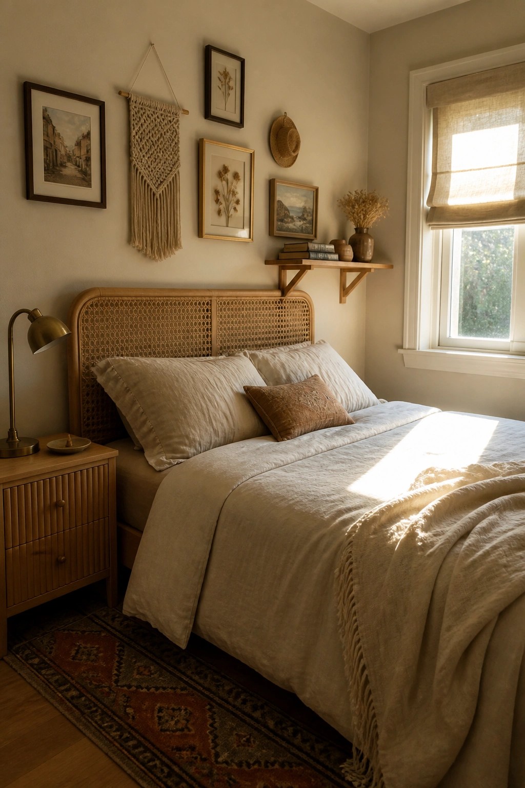A bedroom with a rattan headboard, neutral bedding, and a gallery wall above the bed that includes framed prints, a macrame hanging, a small hat, and a wooden shelf with books and vases.
